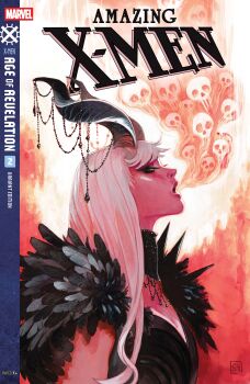 1girl absurdres black_dress black_eyeshadow black_horns blonde_hair breasts cleavage comic_cover company_name copyright_logo copyright_name cover cover_page dress english_text eyeshadow feather_trim green_eyes highres horns jewelry logo long_hair magik_(x-men) makeup marvel necklace new_mutants official_art open_mouth orange_background profile skull solo stephanie_hans x-men