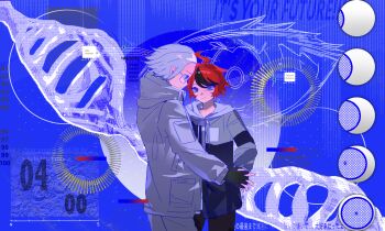 2boys ahoge aotsuki_eito black_gloves black_hair black_jacket black_pants blue_background blue_eyes chinese_commentary closed_mouth commentary_request dna drawstring english_text expressionless eyeball glasses gloves grey_hair grey_jacket grey_pants highres holding_hands hood hood_down hooded_jacket hoodie jacket jacket_over_hoodie long_sleeves male_focus mixed-language_text multicolored_hair multicolored_jacket multiple_boys open_clothes open_jacket pants rectangular_eyewear red_hair sanpaku semi-rimless_eyewear short_hair shui_ji_xing smile streaked_hair sumino_takumi the_hundred_line_-last_defense_academy- translation_request two-tone_hair two-tone_jacket variant_set white_hoodie