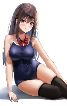 1girl bare_arms black_one-piece_swimsuit black_thighhighs blush breasts brown_hair colored_inner_hair commentary_request competition_school_swimsuit highres long_hair medium_breasts multicolored_hair one-piece_swimsuit original purple_eyes purple_hair school_swimsuit sidelocks simple_background sitting smile swimsuit teeth thighhighs thighs two-tone_hair white_background yukemuriganmo