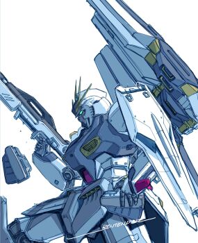 char's_counterattack commentary_request fin_funnels funnels_(gundam) green_eyes gun gundam highres holding holding_gun holding_weapon magazine_(weapon) mecha mecha_focus mobile_suit no_humans nu_gundam robot shield solo v-fin weapon white_background yonemura_kouichirou