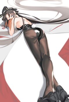 1girl animal_ears ass back bare_arms bare_shoulders black_hair black_pantyhose blue_eyes commentary_request covering_own_mouth fate/grand_order fate_(series) from_behind full_body hand_on_own_neck high_heels highres legs long_hair looking_at_viewer pantyhose playboy_bunny rabbit_ears ryougi_shiki ryougi_shiki_(swimsuit_mooncancer)_(third_ascension) solo trick1601 very_long_hair