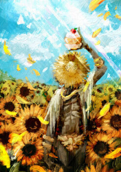 1boy arm_up blue_sky bracelet cape cloud commentary cupcake elden_ring english_commentary facing_viewer field flower flower_field food gold_bracelet goldmask's_mask goldmask_(elden_ring) highres holding holding_food jewelry light_rays loincloth male_focus mask nightmaresyrup painting_(medium) petals sky solo standing sunflower sunflower_field sunlight torn_cape torn_clothes traditional_media white_cape