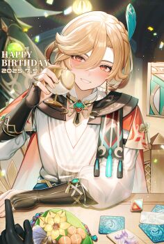 2boys absurdres alpaitham black_gloves black_sleeves blonde_hair card cup cyno_(genshin_impact) dated earrings feather_hair_ornament feathers fingerless_gloves genius_invokation_tcg genshin_impact gloves hair_between_eyes hair_ornament happy_birthday highres holding holding_cup jewelry kaveh_(genshin_impact) long_hair long_sleeves male_focus multiple_boys red_eyes shirt smile teeth white_shirt