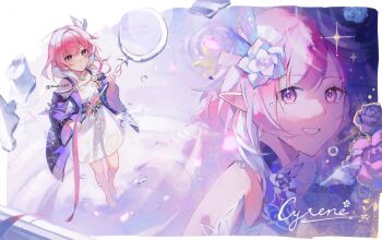 2girls bare_shoulders barefoot blue_eyes ceremonial_blade_(honkai:_star_rail) character_name coat commentary cyrene_(aedes_elysiae)_(honkai:_star_rail) cyrene_(honkai:_star_rail) cyrene_(ripples_of_past_reverie)_(honkai:_star_rail) diamond-shaped_pupils diamond_(shape) dress dual_persona english_commentary feet hair_ornament highres holding holding_staff honkai:_star_rail honkai_(series) jewelry multicolored_hair multiple_girls necklace pink_hair purple_coat purple_eyes soupcari staff symbol-shaped_pupils two-tone_hair white_dress white_hair