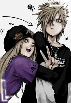 1boy 1girl :d :v animal_print arm_hug arrow_(symbol) beanie black_hat black_nails black_shirt blonde_hair blue_eyes embroidered_hat emo_fashion fingernails hair_between_eyes hat highres jewelry layered_sleeves leopard_print long_fingernails long_hair looking_at_viewer necklace nu_punxxxz open_mouth orange_eyes original print_shirt purple_shirt safety_pin shirt silver_necklace simple_background skull_and_crossbones smile spiked_hair star_(symbol) t-shirt teeth upper_teeth_only v v-shaped_eyebrows white_background