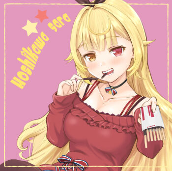 1girl ahoge bare_shoulders black_choker black_hairband black_pantyhose blonde_hair blue_streaks blunt_bangs border bow_hairband breasts center-flap_bangs character_name choker commentary_request double-parted_bangs food frilled_sweater hair_flaps hairband haniwa_(leaf_garden) heterochromia highres hoshikawa_sara hoshikawa_sara_(2nd_costume) incoming_food long_hair long_sleeves medium_breasts mouth_hold nijisanji off-shoulder_sweater off_shoulder official_alternate_costume pantyhose pink_background pocky red_eyes red_sweater simple_background solo sweater very_long_hair virtual_youtuber yellow_border yellow_eyes