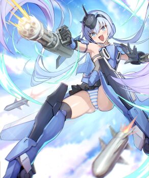 1girl :d absurdres black_dress black_gloves black_thighhighs blue_dress blue_eyes blue_gloves blue_hair blue_panties collar commentary_request crossed_bangs detached_collar dress fang firing flat_chest floating_hair frame_arms_girl gloves gun hair_between_eyes headgear highres holding holding_gun holding_weapon kagerou_(gigayasoma) long_hair low_twintails mecha_musume mechanical_legs multicolored_gloves open_mouth panties pantyshot short_dress skin_fang smile solo strapless strapless_dress striped_clothes striped_panties stylet thighhighs twintails two-tone_dress two-tone_gloves two-tone_panties underwear upskirt very_long_hair weapon white_collar white_panties