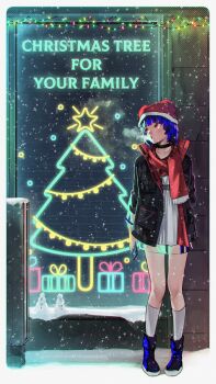 1girl :o absurdres arm_behind_back black_choker black_jacket blue_boots blue_hair blush boots border borrowed_character breath choker collarbone commentary dress english_commentary english_text full_body garland_(decoration) go!_go!_gris! gris_(go!_go!_gris!) hat highres holding holding_phone jacket kobi420 long_sleeves looking_up neon_lights open_clothes open_jacket outdoors phone red_eyes red_hat red_scarf scarf short_hair snow snowing socks solo standing white_border white_dress white_socks window