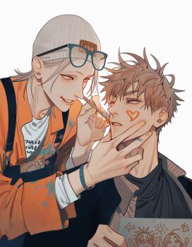 19_tian 2boys beanie black_jacket black_overalls black_shirt blonde_hair bracelet brown_hair drawing_(object) drawing_on_another&#039;s_face eyewear_on_head green_jacket hand_on_another&#039;s_face hat heart jacket jewelry jian_yi looking_at_another male_focus multiple_boys old_xian overalls paint shirt striped_clothes striped_shirt white_shirt yaoi zhan_zheng_xi