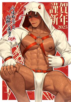 Rule 34 | 1boy, abs, absurdres, animal hood, arima (arima bn), bara, belt, blush, brown eyes, chinese zodiac, clothing cutout, collarbone, dark-skinned male, dark skin, facial hair, fingerless gloves, gloves, goatee stubble, harness, highres, hood, hood up, hooded jacket, jacket, large pectorals, leg hair, long sleeves, looking at viewer, male focus, muscular, muscular legs, muscular male, navel hair, nipples, o-ring, o-ring harness, orange belt, original, pectorals, snake, snake hood, solo, stubble, thighs, tongue, tongue out, translation request, white gloves, white jacket, white loincloth, white snake, year of the snake