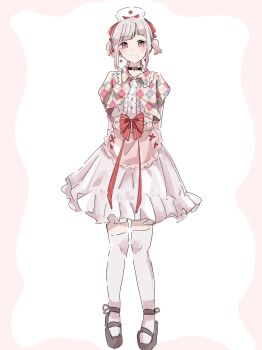 1girl alternate_costume apron argyle_clothes argyle_jacket arms_behind_back black_shoes border bow center_frills closed_mouth commentary cropped_jacket dress frilled_apron frilled_dress frills full_body hashtag-only_commentary hasu_no_sora_yumekawa_fashion hat highres jacket link!_like!_love_live! looking_at_viewer love_live! mary_janes nurse_cap over-kneehighs pink_apron pink_border pink_eyes red_bow roku_aya_fuyu shoes short-sleeved_jacket short_dress short_hair short_sleeves short_twintails sidelocks simple_background smile solo thighhighs twintails waist_apron white_background white_dress white_thighhighs yugiri_tsuzuri yume_kawaii