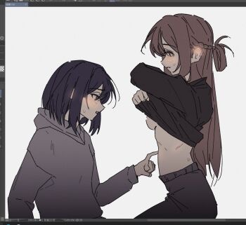 2girls art_program_in_frame black_hair black_shirt blush braid breasts brown_hair ear_blush grey_hoodie half_up_braid hand_on_another&#039;s_stomach highres hood hood_down hoodie long_hair medium_breasts medium_hair miyagi_shiori multiple_girls no_bra open_mouth sasagawa_yuki sendai_hazuki shirt shuuniichido_classmate_wo_kau_hanashi undressing yuri