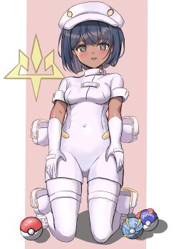1girl absurdres aether_foundation_employee aether_foundation_employee_(female) aether_foundation_uniform beast_ball black_hair blush breasts commentary_request covered_navel full_body gloves grey_eyes hat highres kneeling logo looking_at_viewer master_ball nintendo open_mouth overalls pantyhose poke_ball poke_ball_(basic) pokemon pokemon_sm shoes short_hair short_sleeves smile solo white_gloves white_hat white_overalls white_pantyhose white_shoes yumo_(millfievi)