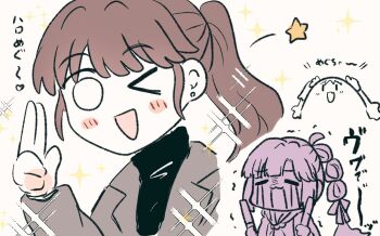 &gt;_o 3girls :d ;d ahoge anyoji_hime black_sweater blush blush_stickers brown_hair commentary_request crying earrings fang fujishima_megumi fujishima_megumi_(post-graduation) glowstick grey_jacket hair_ribbon hasu_no_sora_school_uniform hellomegu! holding holding_glowstick jacket jewelry link!_like!_love_live! long_hair looking_at_viewer love_live! multi-tied_hair multiple_girls neckerchief one_eye_closed open_clothes open_jacket open_mouth osawa_rurino partially_colored penlight_(glowstick) ponytail ribbon school_uniform sidelocks skin_fang smile sparkle star_(symbol) streaming_tears stud_earrings suit_jacket sweater tears turtleneck turtleneck_sweater virtual_youtuber watage_modoki |_|