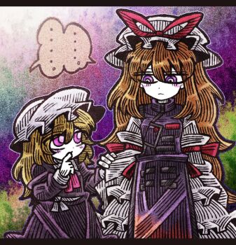 ... absurdly_long_hair aged_down ascot child collar comforting dress frills frown hair_between_eyes hat hat_ribbon long_dress long_hair maribel_hearn mob_cap pink_ascot purple_dress purple_eyes purple_tabard red_ribbon ribbon sash sleeve_ribbon standing suenari_(peace) tabard tears touhou very_long_hair white_collar white_dress white_sash yakumo_yukari