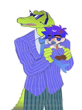 2boys anger_vein antenna_hair bossman_hero bright_pupils double-parted_bangs fins fish_tail formal_clothes furry furry_male gator_guy_(omori) hair_between_eyes headset hero_(headspace)_(omori) hero_(omori) highres looking_at_viewer lyuz_(justtoseemeplea) male_focus mini_person miniboy multiple_boys omori pacifier pants pinstripe_pants pinstripe_pattern pinstripe_suit purple_eyes purple_hair shark_tail sharp_teeth short_hair simple_background suit sunglasses sweatdrop tail teeth white_background white_pupils