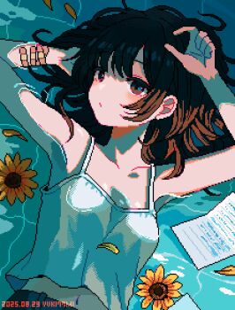 1girl afloat bandaid bandaid_on_arm black_hair brown_eyes camisole collarbone commentary_request dated dithering flower nanami_yuki_(yuki77mi) navel original paper partially_submerged petals petals_on_liquid pinching_gesture pixel_art solo sunflower water white_camisole yellow_flower