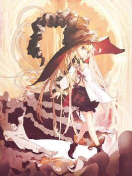 1girl black_bloomers blonde_hair bloomers blue_eyes boots cape commentary_request fantasy frilled_cape full_body hat highres large_hat long_hair open_mouth original solo sumi_keiichi underwear very_long_hair walking witch_hat
