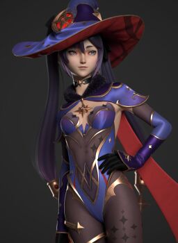 1girl 3d absurdres ama_ro black_pantyhose breasts choker cleavage commentary crescent crescent_hat_ornament elbow_gloves english_commentary fur-trimmed_collar fur_trim genshin_impact gloves hand_on_own_hip hat hat_ornament highres jewelry leotard long_hair looking_to_the_side mona_(genshin_impact) pantyhose purple_hat purple_leotard small_breasts solo star_(symbol) star_choker star_hat_ornament strapless strapless_leotard thighlet twintails witch_hat