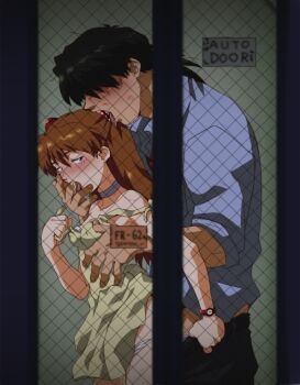 1boy 1girl age_difference amondetauro behind_another blue_shirt clothed_sex dress grabbing_another's_breast grabbing_from_behind groping hetero highres kaji_ryouji large_penis licking neon_genesis_evangelion penis saliva shirt souryuu_asuka_langley undressing yellow_dress