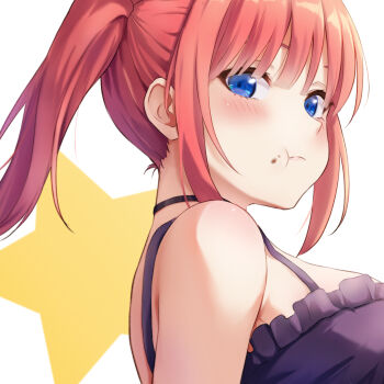 1girl :t absurdres bare_shoulders black_camisole black_choker blue_eyes blunt_bangs blush breasts camisole choker closed_mouth commentary cosplay eating eyebrows_hidden_by_hair eyelashes food food_on_face frilled_camisole frills from_side go-toubun_no_hanayome hair_between_eyes highres large_breasts lita_illust looking_at_viewer nakano_itsuki nakano_nino nakano_nino_(cosplay) ponytail red_hair sidelocks simple_background solo star_(symbol) tsurime upper_body white_background