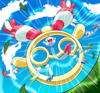 absurdres blue_sky chimecho cloud colored_sclera full_body gen_3_pokemon happy harlequinwaffles highres mega_chimecho mega_pokemon nintendo no_humans open_mouth outdoors pokemon pokemon_(creature) pokemon_focus pokemon_legends:_z-a sky smile solo sound_wave wind_chime yellow_eyes yellow_sclera