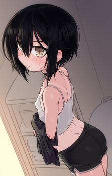 1girl ass bare_shoulders bathroom black_hair black_shorts blush breasts brown_eyes closed_mouth commentary_request from_side hair_between_eyes highres holding_cloth indoors looking_back null_(nyanpyoun) original short_hair shorts small_breasts solo standing sweatdrop tan tank_top tanline undressing white_tank_top