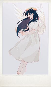 Rule 34 | 1girl, angel, angel wings, barefoot, black hair, blush, closed eyes, commentary, dress, flower, full body, highres, holding, holding flower, lily of the valley, long hair, mari (omori), mari (spirit) (omori), omo taru, omori, open mouth, short sleeves, smile, solo, symbol-only commentary, teeth, upper teeth only, white dress, wings