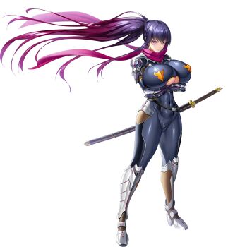 1girl akiyama_rinko akiyama_rinko_(future) aoi_nagisa_(metalder) bodysuit breasts breasts_squeezed_together cleavage_cutout clothing_cutout crossed_arms curvy hanging_breasts highres huge_breasts katana lilith-soft long_hair looking_at_viewer mask mouth_mask ponytail purple_scarf revealing_clothes scarf solo sword taimanin_(series) taimanin_rpgx taimanin_yukikaze transparent_background very_long_hair weapon wide_hips