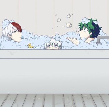 2boys bath bathing bathroom bathtub boku_no_hero_academia bones_(company) bubble child father_and_child father_and_son freckles indoors married_male midoriya_izuku multiple_boys omegaverse parent_and_child scar shota shounen_jump soap soap_bubbles todoroki_shoto yamajuri yaoi