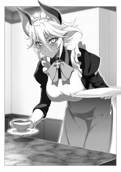 Rule 34 | 1girl, apron, bent over, breasts, cup, demon girl, demon horns, highres, horns, huge breasts, maid, maid apron, maid headdress, monochrome, novel illustration, official art, ookuma nekosuke, shinmai maou no testament, short hair, tea, teacup, zest