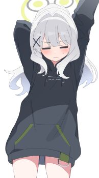 Rule 34 | 1girl, absurdres, arm behind head, arm up, black halo, black hoodie, blue archive, blush, center-flap bangs, closed eyes, commentary request, cowboy shot, drawstring, green halo, hair intakes, hair ornament, halo, hare (blue archive), highres, hood, hood down, hoodie, long hair, long sleeves, mochigome (ununquadium), print hoodie, sidelocks, simple background, solo, stretching, sweat, thighs, white background, white hair, x hair ornament