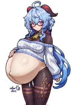 Rule 34 | 1girl, alternate costume, artist name, bell, bespectacled, blue hair, brown pantyhose, closed mouth, commentary, commission, cowboy shot, female focus, ganyu (genshin impact), genshin impact, glasses, hand on own stomach, highres, horns, linea nigra, long hair, long sleeves, looking at viewer, navel, neck bell, off-shoulder sweater, off shoulder, outie navel, pantyhose, pregnant, purple eyes, red-framed eyewear, red horns, rotomdocs, simple background, smile, solo, standing, sweater, very long hair, white background, white sweater