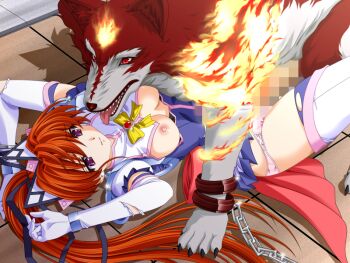 1boy 1girl 2000s_(style) animal bestiality bow breasts censored chain closed_mouth dog elbow_gloves elixir_lime fire game_asset gloves hetero long_hair lying magical_girl mahou_senshi_(series) mahou_senshi_elixir_knights medium_breasts mosaic_censoring nipples non-web_source official_art on_back panties penis pink_panties ponytail purple_eyes rape red_eyes red_hair ribbon saitou_natsuki self-datamine sex solo_focus tachibana_arisu_(mahou_senshi) thighhighs torn_clothes underwear vaginal variant_set visual_novel_cg wolf zoophilia