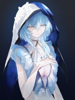 1girl absurdres armlet blue_hair blue_veil breasts bug butterfly butterfly_on_hand dress hachi0047 highres insect jewelry long_hair looking_at_viewer purple_eyes shorekeeper_(wuthering_waves) sleeveless sleeveless_dress solo two-tone_veil veil white_dress white_veil wuthering_waves