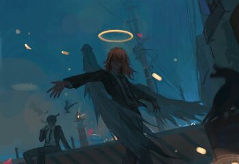 2boys absurdres angel_devil_(chainsaw_man) angel_wings belt black_hair black_jacket black_necktie black_pants chainsaw_man chinese_commentary cigarette collared_shirt commentary_request hair_between_eyes halo hayakawa_aki highres holding holding_cigarette jacket lighthouse limit932 long_hair male_focus multiple_boys necktie open_clothes open_jacket outstretched_arms pants power_lines shirt short_hair sitting smoke smoking spread_arms standing topknot traditional_halo utility_pole white_shirt white_wings wings