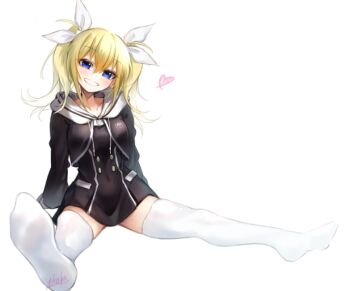 1girl arimura_hinae black_dress blonde_hair blush breasts chaos;child collarbone covered_navel cropped_jacket dress feet grin hair_ribbon head_tilt heart hekiho_academy_school_uniform long_hair looking_at_viewer no_shoes ribbon school_emblem school_uniform science_adventure simple_background sitting small_breasts smile solo spread_legs thighhighs thighs twintails white_background white_ribbon white_thighhighs yakku zettai_ryouiki