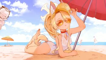 1girl 3girls absurdres adjusting_clothes adjusting_headwear animal_ear_fluff animal_ears arched_back ass bare_arms bare_legs bare_shoulders barefoot beach beach_chair beach_umbrella blonde_hair blue_archive blue_sky breasts clothing_cutout cloud collarbone covered_navel cross_halo diamond_cutout doodle_sensei_(blue_archive) eyes_visible_through_hair feet flower fox_ears fox_girl fox_tail hair_flower hair_ornament hair_over_one_eye hair_over_shoulder halo hand_up highleg highleg_one-piece_swimsuit highres lipstick loli long_hair long_sidelocks looking_at_another looking_at_viewer lying makeup mika_(blue_archive) mika_(swimsuit)_(blue_archive) multiple_girls nagisa_(blue_archive) nagisa_(swimsuit)_(blue_archive) no_jacket ocean official_alternate_costume official_alternate_hairstyle on_ground on_stomach one-piece_swimsuit orange-tinted_eyewear outdoors parted_lips qweeliart see-through_clothes seia_(blue_archive) seia_(swimsuit)_(blue_archive) sensei_(blue_archive) shade side_ponytail sidelocks sky small_breasts soles sun sunglasses sunlight swimsuit tail the_pose thighs tinted_eyewear toes umbrella very_long_hair visor_cap wet wet_clothes wet_swimsuit white_one-piece_swimsuit yellow_halo yellow_visor