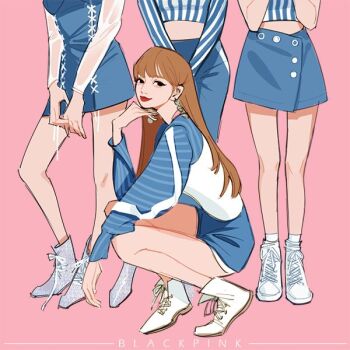 Rule 34 | 4girls, blackpink, blue dress, blue shorts, blue skirt, blunt bangs, boots, brown hair, closed mouth, commentary, dress, earrings, group name, iiiiben, jennie (blackpink), jewelry, jisoo (blackpink), lisa (blackpink), long sleeves, multiple girls, out of frame, pink background, red lips, rose (blackpink), shorts, skirt, smile, squatting