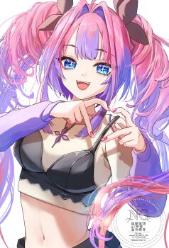 1girl absurdres black_bow black_bra blue_eyes bow bra bra_over_clothes drill_hair four-finger_heart_hands hair_bow heart heart_hands highres hinata_habi hololive hololive_dev_is kikirara_vivi kikirara_vivi_(1st_costume) long_hair looking_at_viewer multicolored_hair nail_polish open_mouth pink_hair pink_nails purple_hair smile solo teeth twin_drills two-tone_hair underwear upper_teeth_only virtual_youtuber