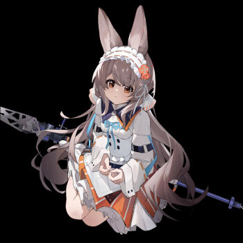 1girl absurdres animal_ears arknights brown_hair dress frilled_hairband frills grey_hair hairband highres holding long_hair long_sleeves looking_at_viewer orange_eyes rabbit_ears rabbit_girl ribbon shenhai_xianyu_fan skirt solo warmy_(arknights)