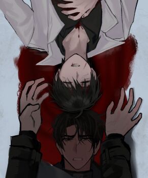 Rule 34 | 2boys, black coat, black eyes, black hair, blood, blood from mouth, blood on clothes, blood on face, coat, from above, hand on own chest, highres, keomikan, kim dokja, male focus, multiple boys, omniscient reader's viewpoint, open clothes, open coat, pool of blood, popped collar, pov, reflection, reflective liquid, short hair, upper body, white coat, yoo joonghyuk