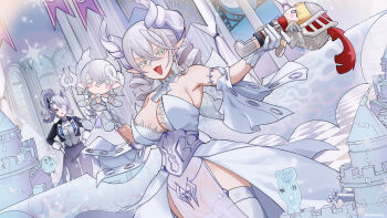 2girls absurdres arias_the_labrynth_butler armlet armpits banner bare_shoulders black_vest blush breasts butler cleavage corset crossdressing crossdressing_(ftm) demon_girl demon_horns demon_wings detached_collar dominus_impulse dress drill_hair duel_monster earrings female_butler garter_straps gimyogi gloves green_eyes grey_corset highres holding holding_stuffed_toy horns jewelry knight_(yu-gi-oh!) large_breasts long_sleeves looking_at_another lovely_labrynth_of_the_silver_castle monocle multiple_girls open_mouth pointy_ears see-through_clothes see-through_skirt skirt smile spiked_armlet stuffed_toy thighhighs twin_drills vest wavy_hair white_dress white_gloves white_thighhighs wings yu-gi-oh!