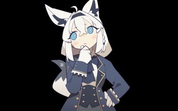 1girl absurdres ahoge animal_ear_fluff animal_ears black_background blue_eyes blush_stickers braid bright_pupils clothing_request cocomayo29_(tomato) colored_inner_animal_ears commentary fox_ears fox_girl fox_tail gloves hair_intakes hand_on_own_chin hand_on_own_hip head_tilt highres hololive official_alternate_costume shirakami_fubuki shirakami_fubuki_(parade_dress) simple_background single_braid stroking_own_chin tail untranslatable_commentary virtual_youtuber white_gloves