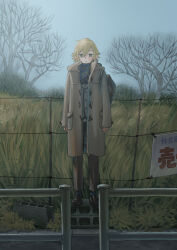 Rule 34 | 1boy, arms at sides, bag, bare tree, black footwear, blonde hair, blue scarf, blue sky, blush, brown coat, brown pants, cinder block, coat, fence, field, green eyes, koze niire, layered clothes, loafers, long sleeves, looking at viewer, male focus, nijisanji, open clothes, open coat, pants, plaid, plaid scarf, scarf, shoes, short hair, shoulder bag, sign, sky, solo, standing, standing on object, tree, uzuki kou, uzuki kou (3rd costume), virtual youtuber, winter clothes