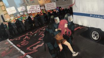 6+boys 6+girls arrest banner blue_sailor_collar box_truck character_request city commentary crossover crowd dutch_angle english_commentary gabriel_dropout hatsune_miku helmet highres izumi_konata lucky_star lychkin make_love_not_war motor_vehicle multiple_boys multiple_girls naruto_(series) people police protest raphtalia riot_helmet riot_shield road russian_text s.w.a.t. sailor_collar satanichia_kurumizawa_mcdowell shield street tactical_clothes tate_no_yuusha_no_nariagari toilet_paper translated truck van vocaloid