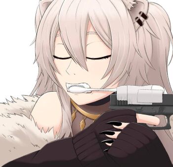 1girl animal_ears brushing_teeth fangs gun hololive hood hoodie lion_ears sharp_nails shishiro_botan taiggerrock toothbrush virtual_youtuber weapon