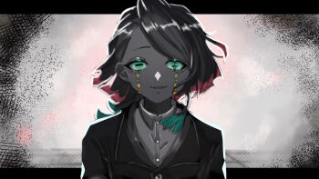 1boy aegyo_sal aqua_eyes asymmetrical_bangs black_jacket buttons colored_tips commentary_request demon_boy derivative_work enmu_(kimetsu_no_yaiba) facial_mark floating_hair glowing glowing_eyes grey_background greyscale jacket kimetsu_no_yaiba letterboxed long_sleeves looking_at_viewer male_focus medium_hair monochrome multicolored_hair outside_border parted_lips portrait smile solo spot_color straight-on symbol-shaped_pupils tears_facial_mark trap undershirt user_grkv2777 variant_set