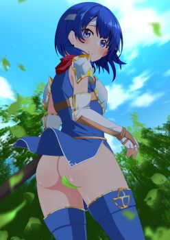 Rule 34 | 1girl, absurdres, armor, ass, blue dress, blue eyes, blue hair, blue thighhighs, blush, breastplate, catria (fire emblem), clothes lift, commission, convenient censoring, dress, dress lift, elbow gloves, falling leaves, fingerless gloves, fire emblem, fire emblem: mystery of the emblem, fire emblem: shadow dragon, gloves, headband, highres, kisaragi setsu (mssk8485), leaf, looking at viewer, looking back, nintendo, no panties, pegasus knight uniform (fire emblem), pixiv commission, short dress, short hair, sleeveless, sleeveless dress, solo, thighhighs, wind, wind lift