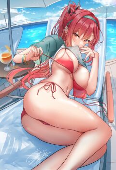 1girl absurdres aqua_hairband ass bikini black_choker blush breasts choker cleavage closed_mouth clothes_in_mouth clothes_lift goddess_of_victory:_nikke hairband highres large_breasts long_hair looking_at_viewer lying mouth_hold navel official_alternate_costume official_alternate_design official_alternate_hair_color ogura_toast on_side ponytail pool poolside rapi_(nikke) rapi_(red_hood)_(nikke) rapi_(red_hood)_(red_flavor)_(nikke) red_bikini red_eyes red_hair shirt shirt_in_mouth shirt_lift smile solo stomach swimsuit